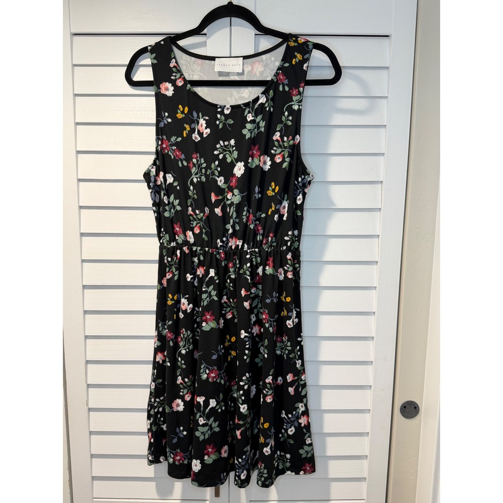 French Grey Floral Sleeveless‎ Fit Flare Mini Dress XL Stretch Casual